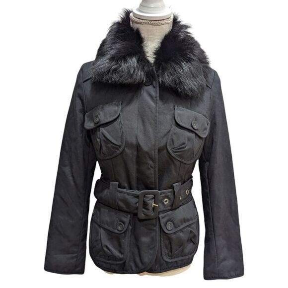 Banana Republic Women's XS Winter Jacket Faux Fur Collar Belted in Black NWT - Picture 1 of 9